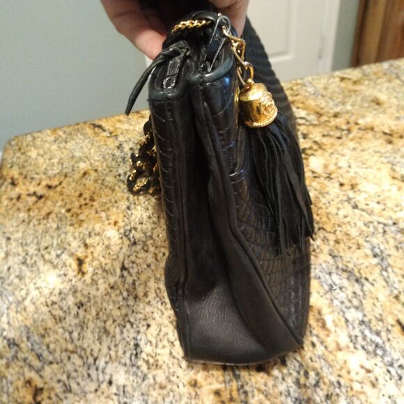 Bally Quilted Black Leather Gold Chain Strap Tassle Tote Purse Shoulder Bag Vtg - Picture 7 of 14